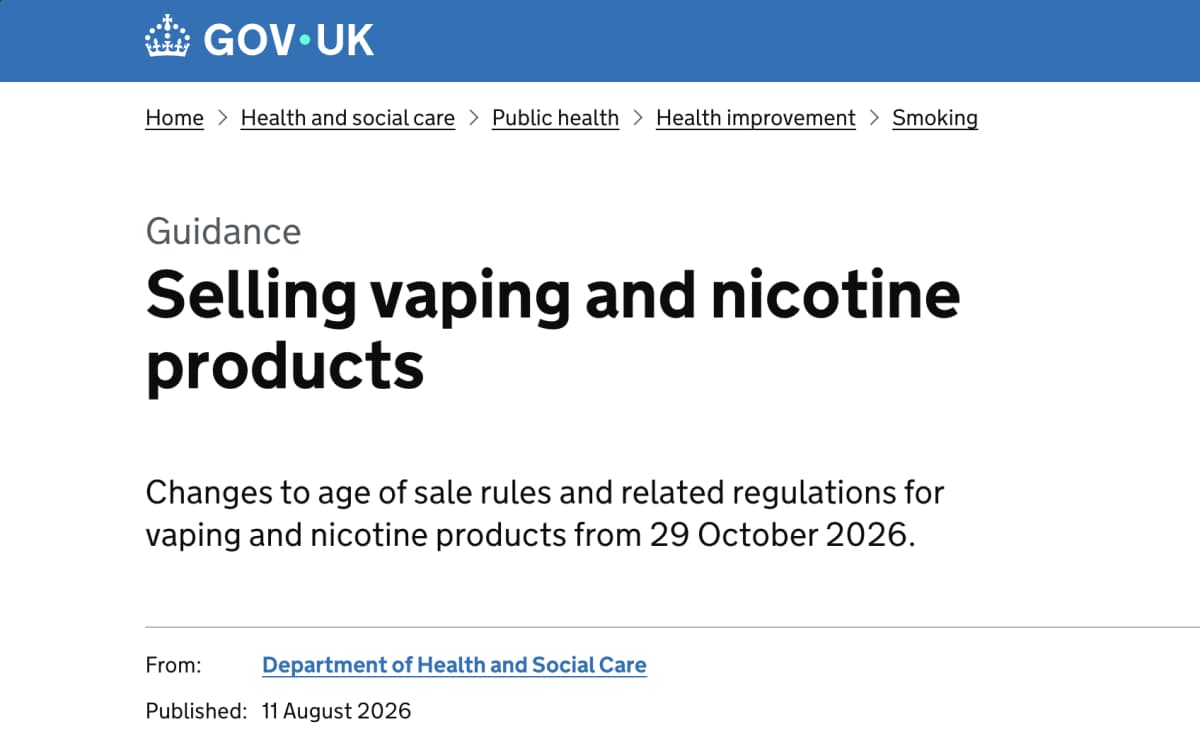 UK to Tighten E-Cigarette Retail Rules From October 29, Covering Age Verification, Free Gifts and Promotional Discounts