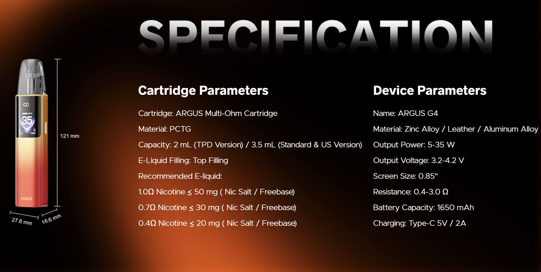 VOOPOO ARGUS G4 specs