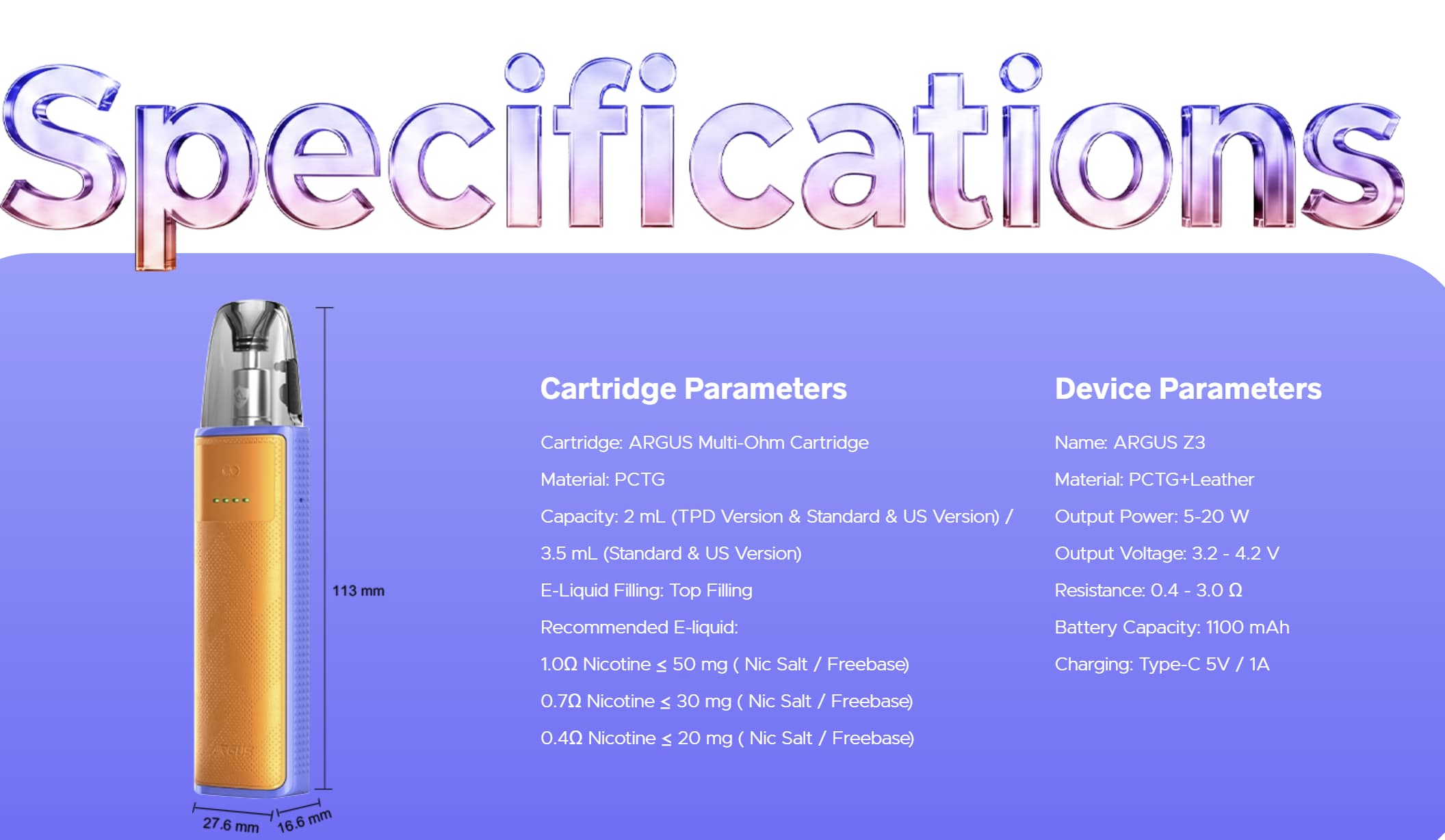 VOOPOO ARGUS Z3 SPECS