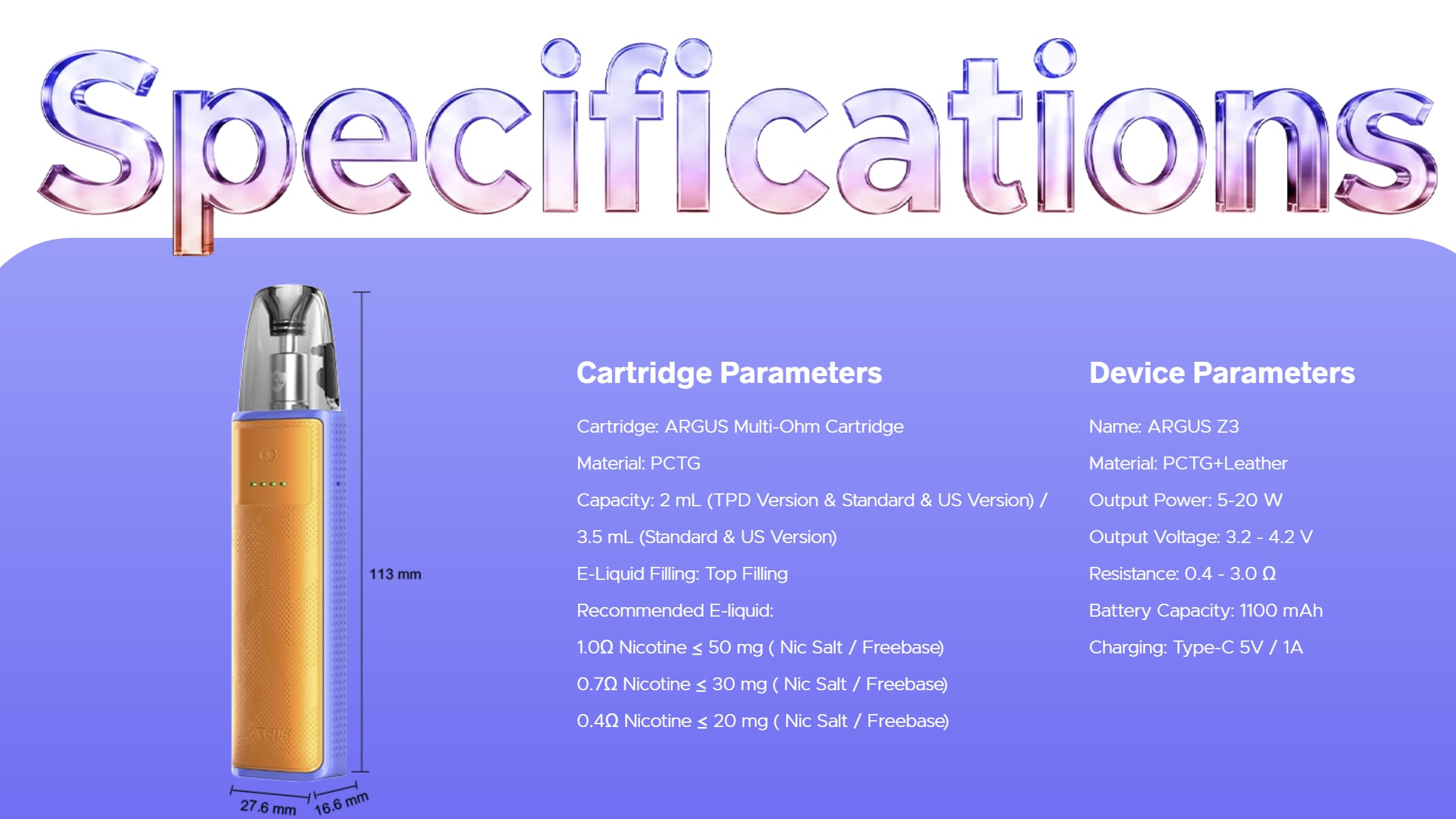 VOOPOO Argus Z3 specs