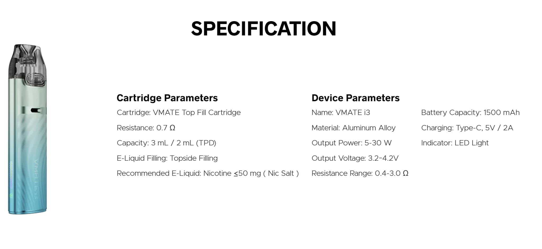 VOOPOO VMATE MAX i3 Specs